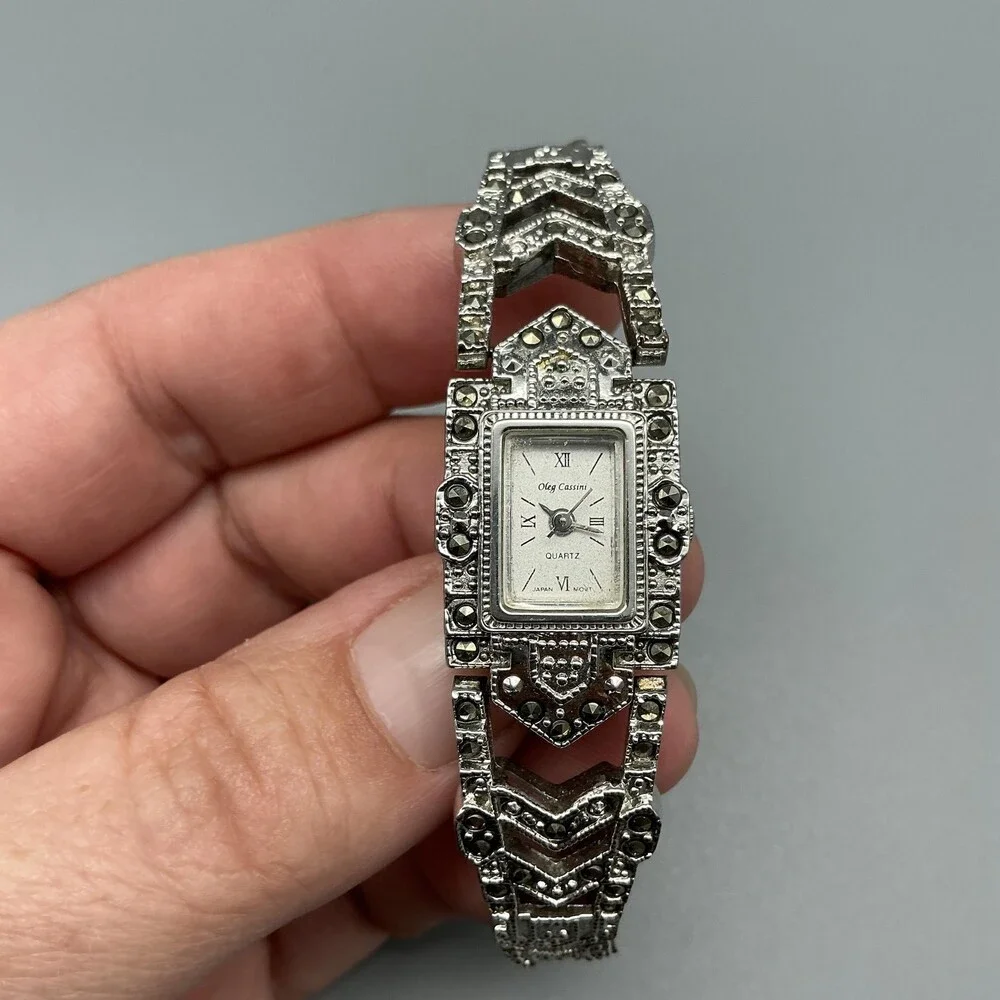 Vintage Oleg Cassini Womens Watch 18mm Marcasite Silver Tone New Battery 7.25